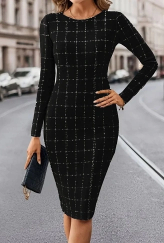 Kadın Uzun Kollu Yuvarlak Yaka Mini Dokuma Elbise