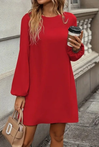 Kadın Uzun Kollu Yuvarlak Yaka Mini Ithal Krep Elbise
