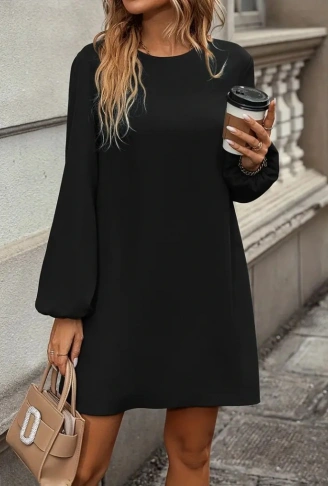 Kadın Uzun Kollu Yuvarlak Yaka Mini Ithal Krep Elbise