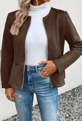 Kadın Uzun Kollu Yuvarlak Yaka önden Fermuarlı Süet Ceket