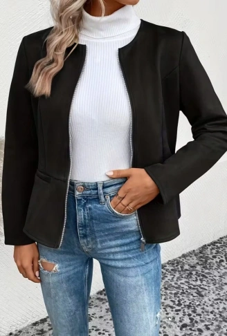 Kadın Uzun Kollu Yuvarlak Yaka önden Fermuarlı Süet Ceket