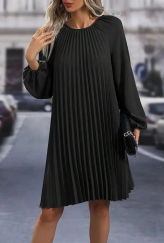 Kadın Uzun Kollu Yuvarlak Yaka Pileli Salaş Mini Ithal Krep Elbise