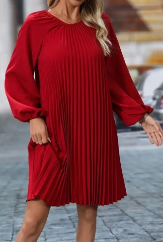 Kadın Uzun Kollu Yuvarlak Yaka Pileli Salaş Mini Ithal Krep Elbise
