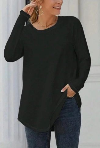 Kadın Uzun Kollu Yuvarlak Yaka Salaş Iki Iplik Bluz