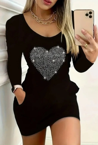 Kadın Uzun Kollu Yuvarlak Yaka Taşlı Kalp Desenli Viskon Iki Iplik Elbise