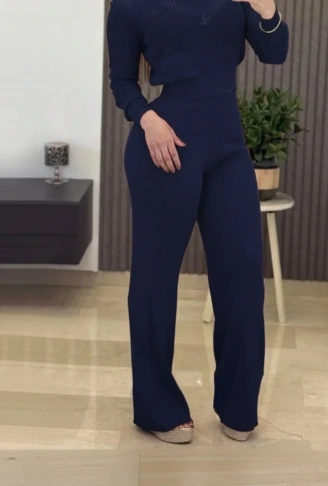 Kadın Uzun Kollu Yuvarlak Yaka Transparan Detaylı Triko Bluz Ve Pantolon Ikili Takım