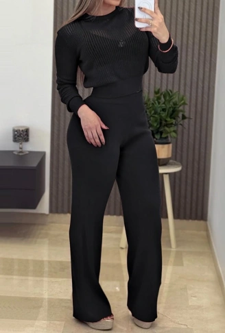 Kadın Uzun Kollu Yuvarlak Yaka Transparan Detaylı Triko Bluz Ve Pantolon Ikili Takım