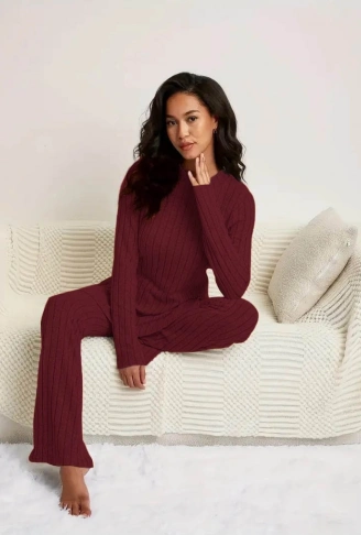 Kadın Uzun Kollu Yuvarlak Yaka Yandan Yırtmaç Detaylı şardonlu Kaşkorse Bluz Ve Pantolon Ikili Takım