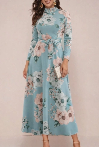 Kadın Uzun Kollu Yuvarlak Yakalı Beli Kuşaklı Desenli Süprem Uzun Elbise