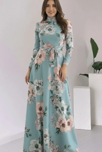 Kadın Uzun Kollu Yuvarlak Yakalı Beli Kuşaklı Desenli Süprem Uzun Elbise