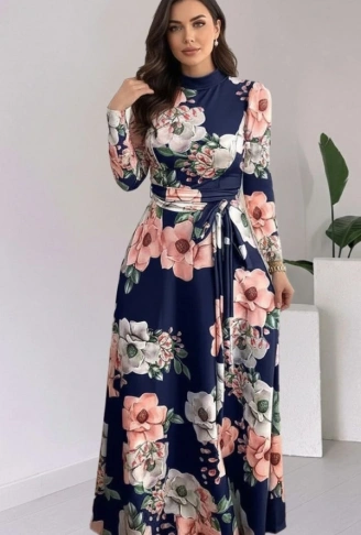 Kadın Uzun Kollu Yuvarlak Yakalı Beli Kuşaklı Desenli Süprem Uzun Elbise