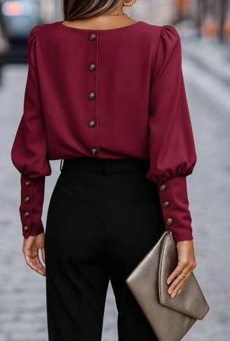 Kadın Uzun Kollu Yuvarlak Yakalı Düğmeli Ithal Krep Bluz