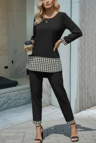 Kadın Uzun Kollu Yuvarlak Yakalı Kaz Ayağı Detaylı Viskon Iki Iplik Bluz Ve Pantolon Ikili Takım