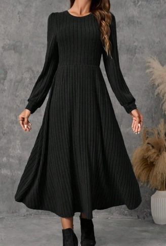 Kadın Uzun Kollu Yuvarlak Yakalı Kiloş Uzun şardonlu Kaşkorse Elbise