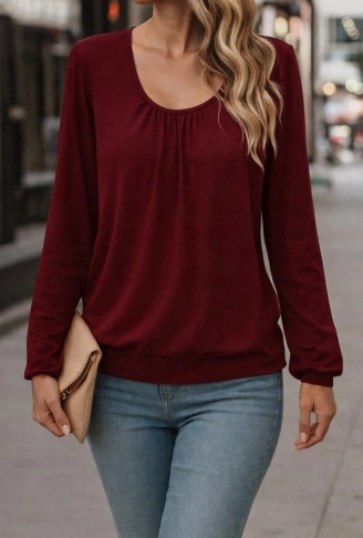 Kadın Uzun Kollu Yuvarlak Yakalı Viskon Bluz