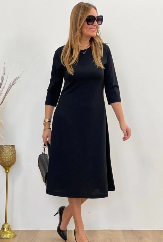 Kadın Uzun Truvakar Kol Bisiklet Yaka Midi Modal Elbise