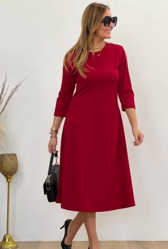 Kadın Uzun Truvakar Kol Bisiklet Yaka Midi Modal Elbise
