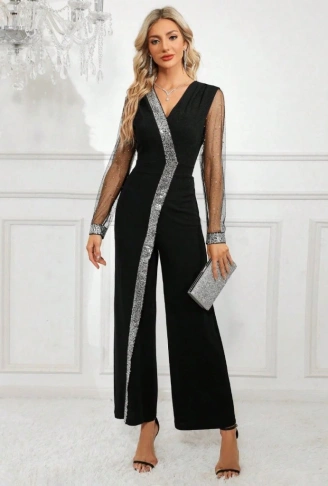 Kadın Uzun V Yakalı önden Pulpayet Detaylı Tüllü Uzun Ithal Krep Tulum