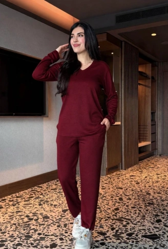 Kadın V Yaka Bluz Ve Pantolon Ikili Takım