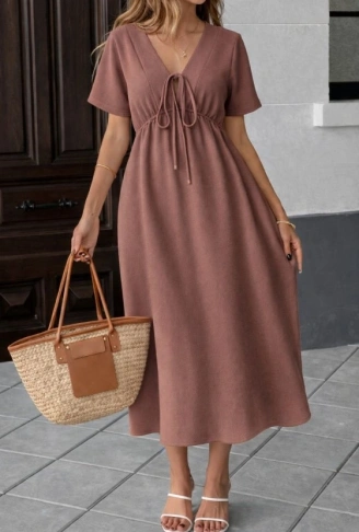 Kadın V Yaka Büzgülü Ip Detay Aerobin Kumaş Elbise