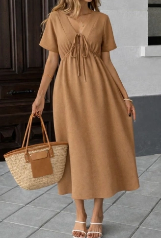 Kadın V Yaka Büzgülü Ip Detay Aerobin Kumaş Elbise