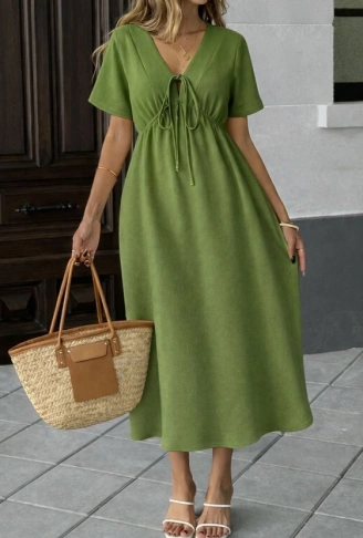 Kadın V Yaka Büzgülü Ip Detay Aerobin Kumaş Elbise