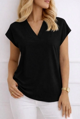 Kadın V Yaka Kısa Kol Dokuma Viskon Kumaş Bluz