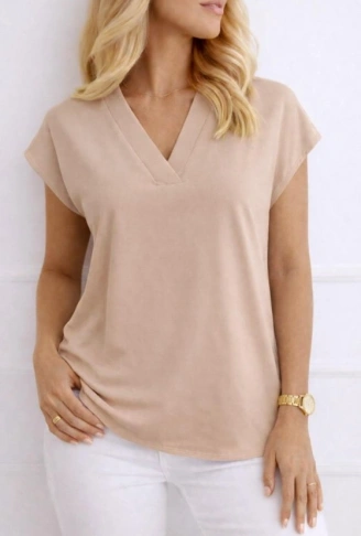 Kadın V Yaka Kısa Kol Dokuma Viskon Kumaş Bluz