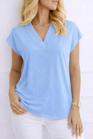 Kadın V Yaka Kısa Kol Dokuma Viskon Kumaş Bluz