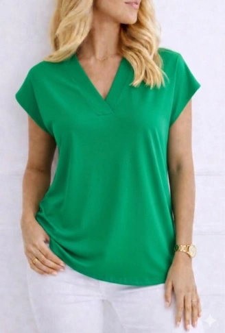 Kadın V Yaka Kısa Kol Dokuma Viskon Kumaş Bluz