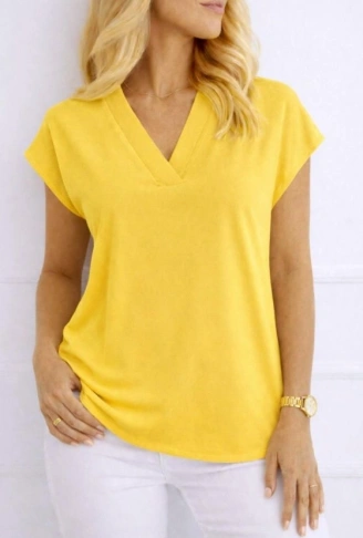 Kadın V Yaka Kısa Kol Dokuma Viskon Kumaş Bluz