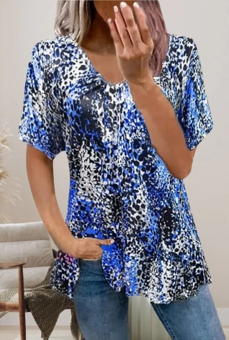 Kadın V Yaka Renkli Leopar Desen Büzgü Detay Süprem Bluz