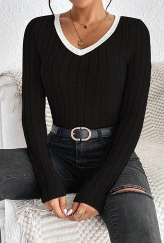 Kadın V Yaka Ribana Ve Garni Detay Sardonlu Kaşkorse Kumaş Bluz