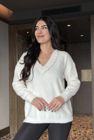 Kadın V Yaka Uzun Kollu Inci Detay Triko Bluz