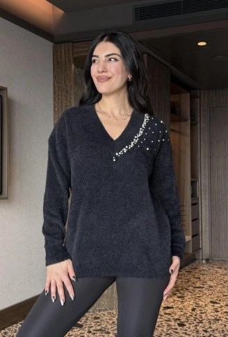 Kadın V Yaka Uzun Kollu Inci Detay Triko Bluz