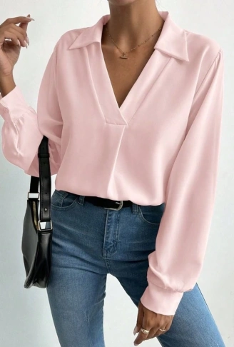 Kadın V Yaka Uzun Kollu Mosskrep Kumaş Bluz