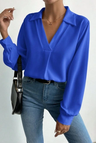 Kadın V Yaka Uzun Kollu Mosskrep Kumaş Bluz