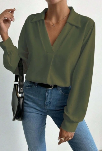 Kadın V Yaka Uzun Kollu Mosskrep Kumaş Bluz