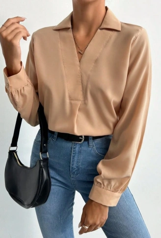 Kadın V Yaka Uzun Kollu Mosskrep Kumaş Bluz