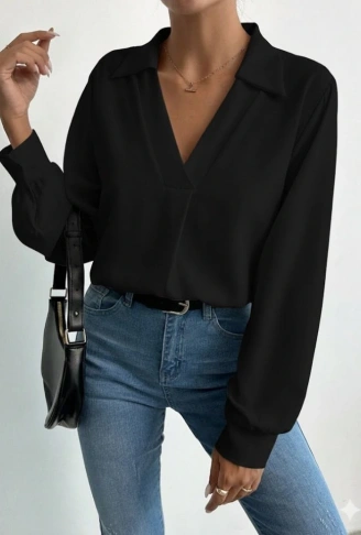 Kadın V Yaka Uzun Kollu Mosskrep Kumaş Bluz