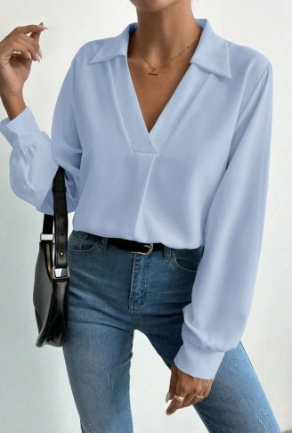Kadın V Yaka Uzun Kollu Mosskrep Kumaş Bluz