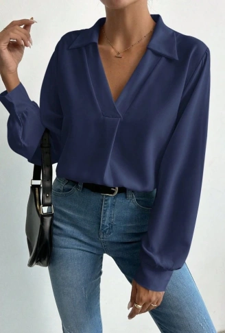 Kadın V Yaka Uzun Kollu Mosskrep Kumaş Bluz