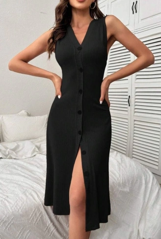 Kadın V Yakalı önden Düğmeli Kaşkorse Elbise