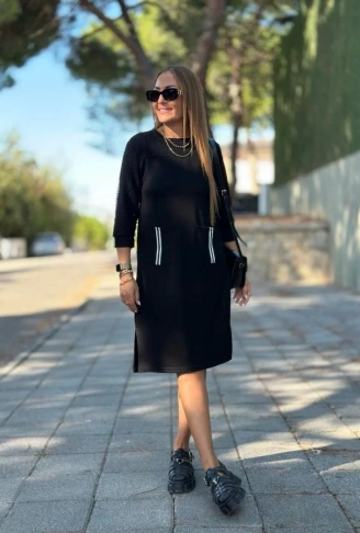 Kadın Viskon Pamuklu Kumaş Kol File , şerit Ve Cep Detaylı Elbise