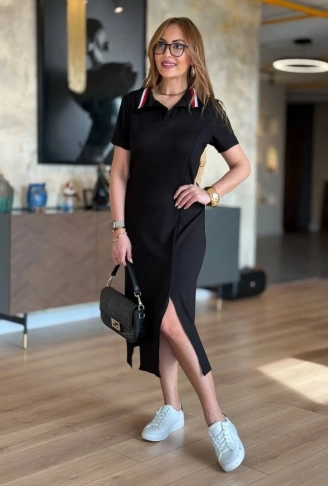 Kadın Yaka Ribanalı Çift Yırtmaçlı Elbise