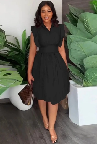 Kadın Yakalı Belden Oturmalı önden Büzgülü Dokuma Mini Elbise