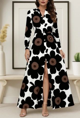 Kadın Yakalı önden Düğmeli çiçek Desenli Uzun Süprem Elbise