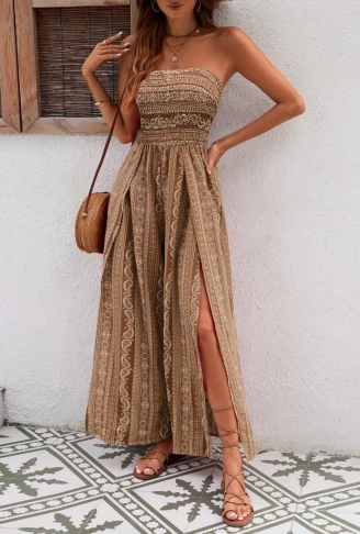 Kadın Yakası Gipe Detaylı önden Yırtmaç Detaylı Desenli Süprem Pantolun Etek Tulum