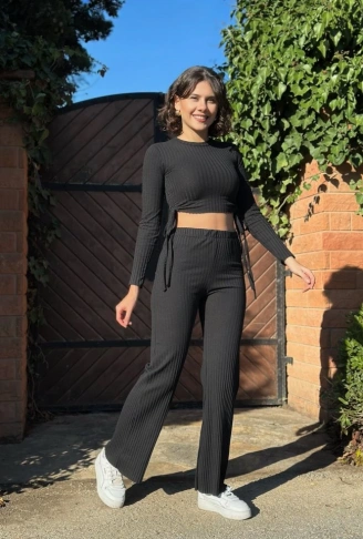 Kadın Yandan Bağlamalı Geniş Paçalı Fitil Kaşkorse İkili Takım