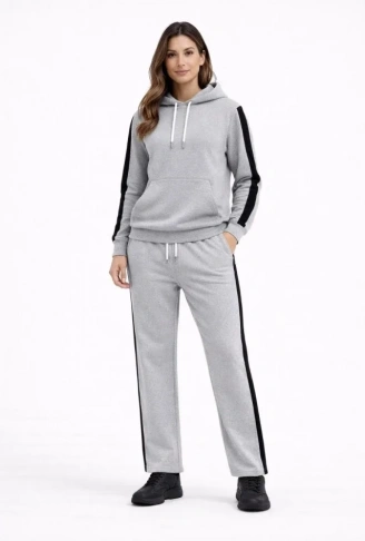 KADIN Yandan Şeritli Eşofman Takım Kapüşonlu Sweatshirt Boru Paça Alt, Oversize 3 Iplik Pamuklu - Gri